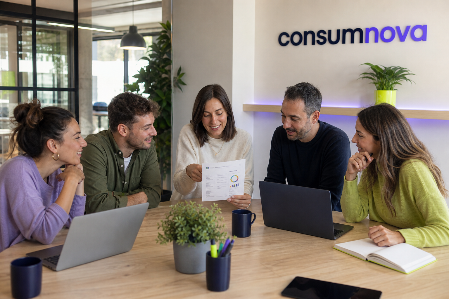 Equipo de Consumnova colaborando en una oficina